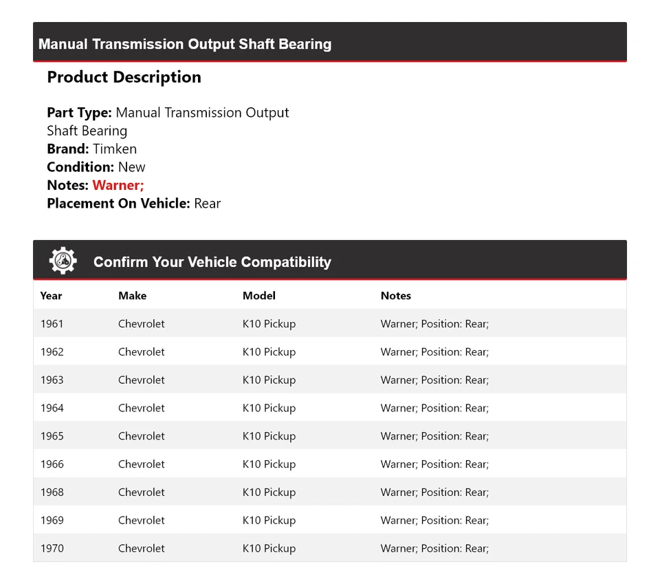 Cojinete de eje de salida de transmisión manual Timken para camioneta Chevrolet K10 61-66, 68-70 Foto 2 de 4