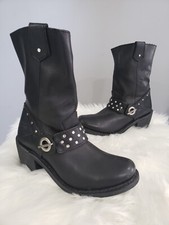 Harley-Davidson Black Leather Harness Boots Macie Moto 8" Vintage Rhinestone Y2k