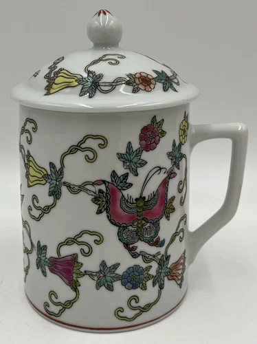 Chinese Jingdezhen Butterfly 14 oz. Lidded Ceramic Coffee Mug Tea Cup 5.75” EUC