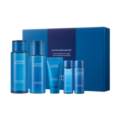 LANEIGE Homme Active Water Set /Moisturizer Skin, Toner, Foam Cleanser (5 Items)