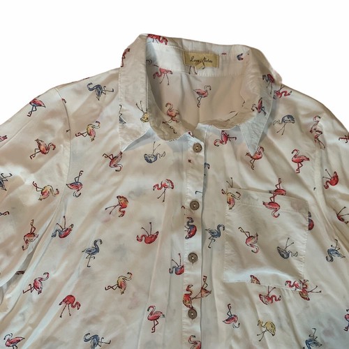 LOVE NOTES Camicia Donna M Media Top Blusa Stampa Fenicottero Bianco Bottone Crop - Foto 4 di 11