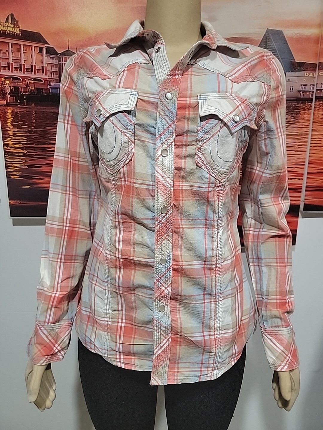 True Religion Western Pearl Snap Button Down LS Size M Women's Plaid Shirt #C