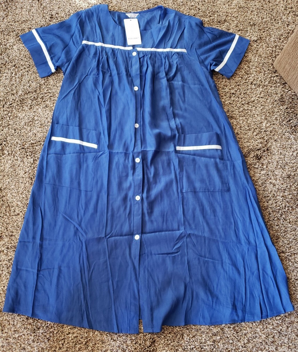 Ekouaer House Coat Robe Duster blue/white Size Small Pockets NWT