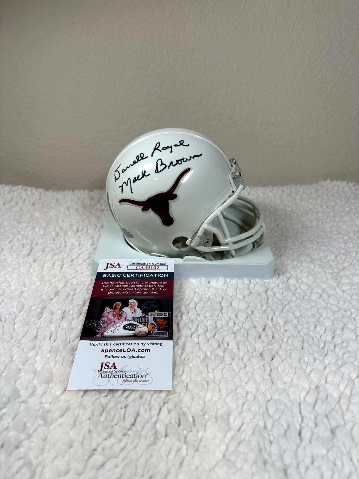 Darrell Royal Autographed Signed Texas Longhorns and Mack Brown Rose Bowl Mini Helmet 2005 JSA Cert 