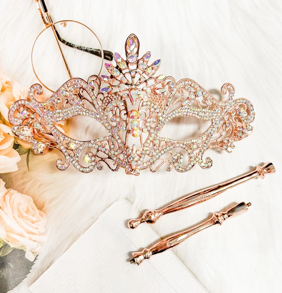 Masquerade Mask with Stick, Luxury Crystal Mask, Rhinestone Rose Gold Mask - Image 3 of 4