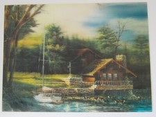 Log Cabin with Sailboat and Geese 3-D Lenticular Picture 15 1/2 x 12 Great 3-D!