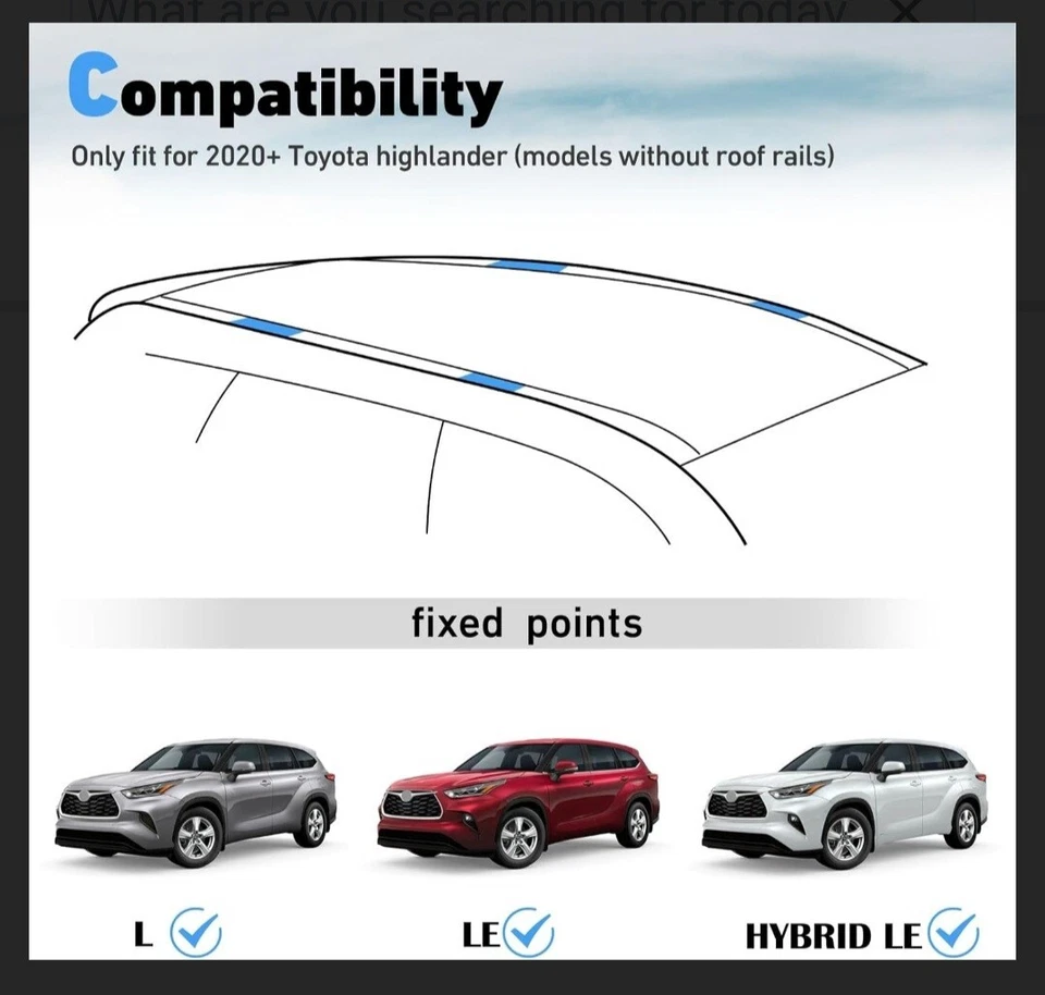 丰田 Highlander 2020 - 2024 L & LE 横杆 带 O 车顶导轨 — 第 2/4 张图片