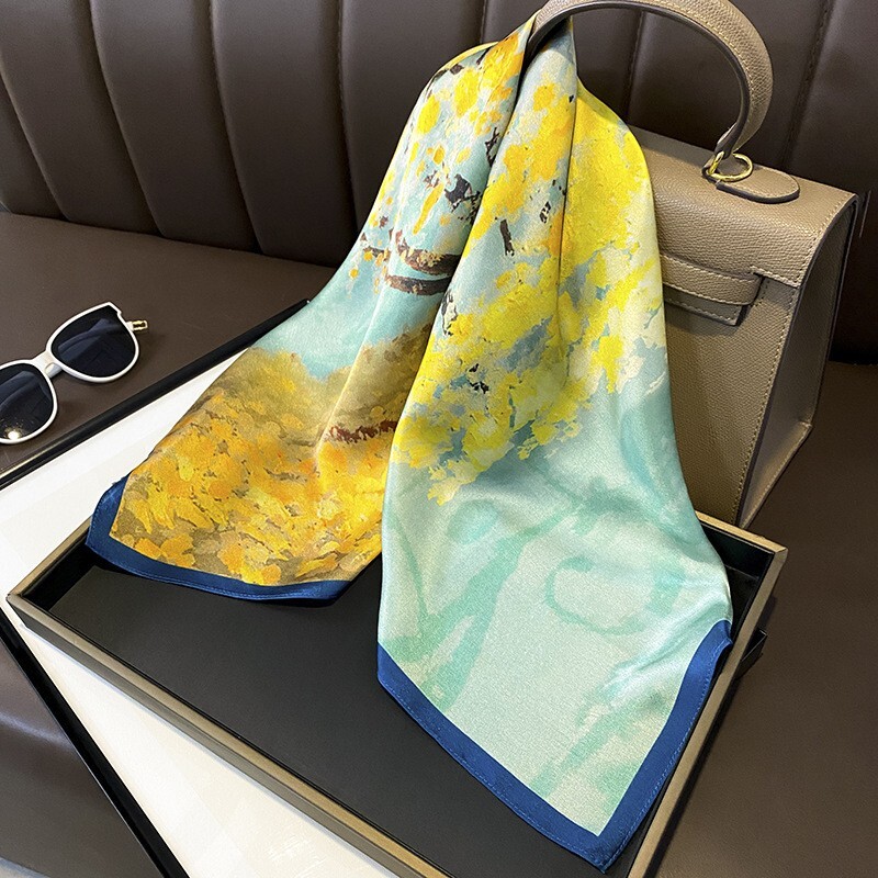 100% Silk Square Scarf for Women - Green Yellow Tree Oil Painting Design Bandana Neckerchief
