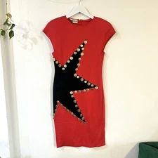 Vintage Akira Graphic Red Star Dress, Gold Coin Detail, 80s 90s Size 6 Unique