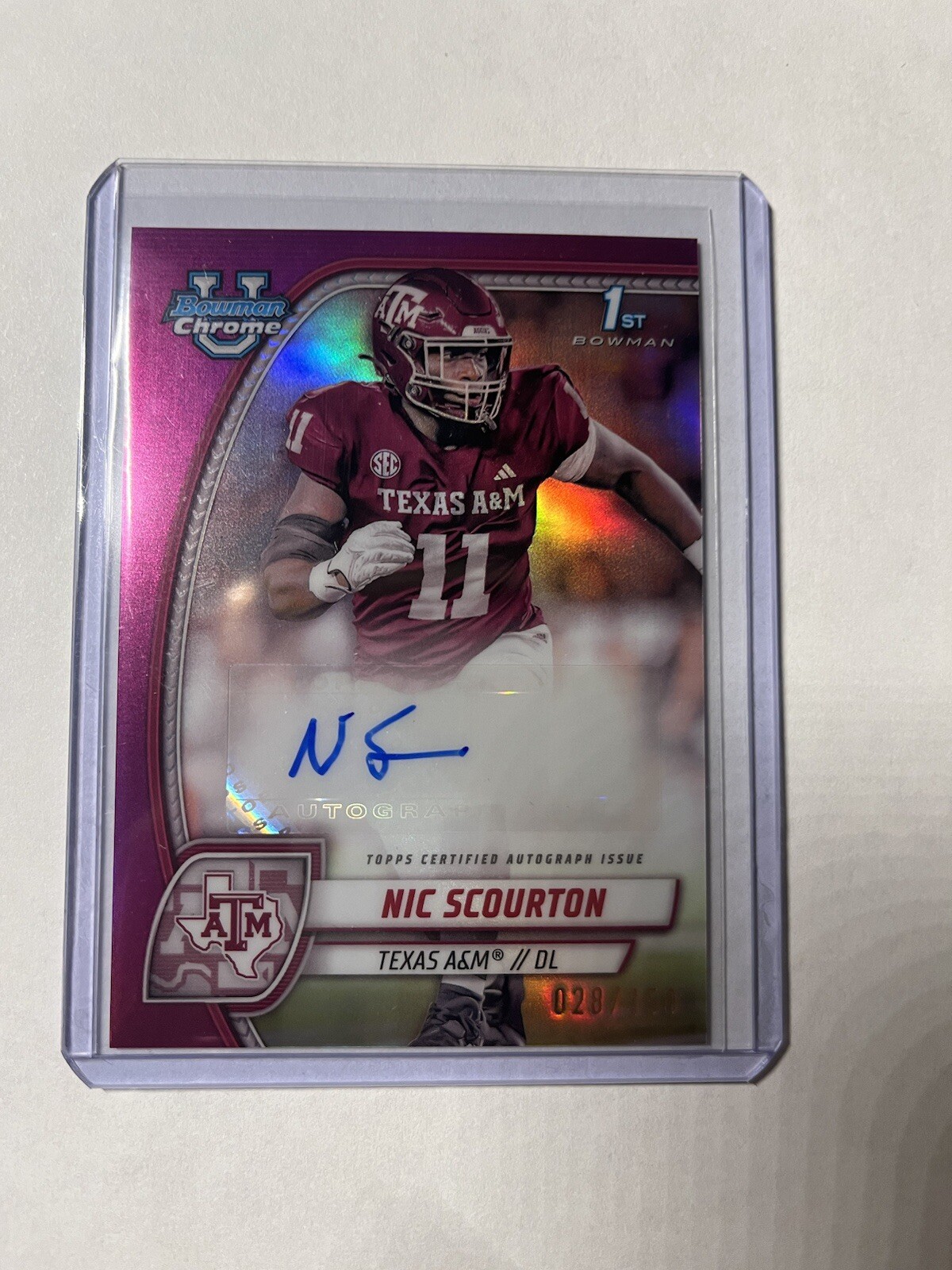 NIC SCOURTON 2024 BOWMAN CHROME UNIVERSITY FUCHSIA REFRACTOR 1ST AUTO #D /150