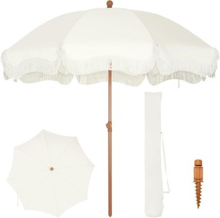 7ft Fringe Beach Umbrella White with Sand Anchor Outdoor Patio White Push Button