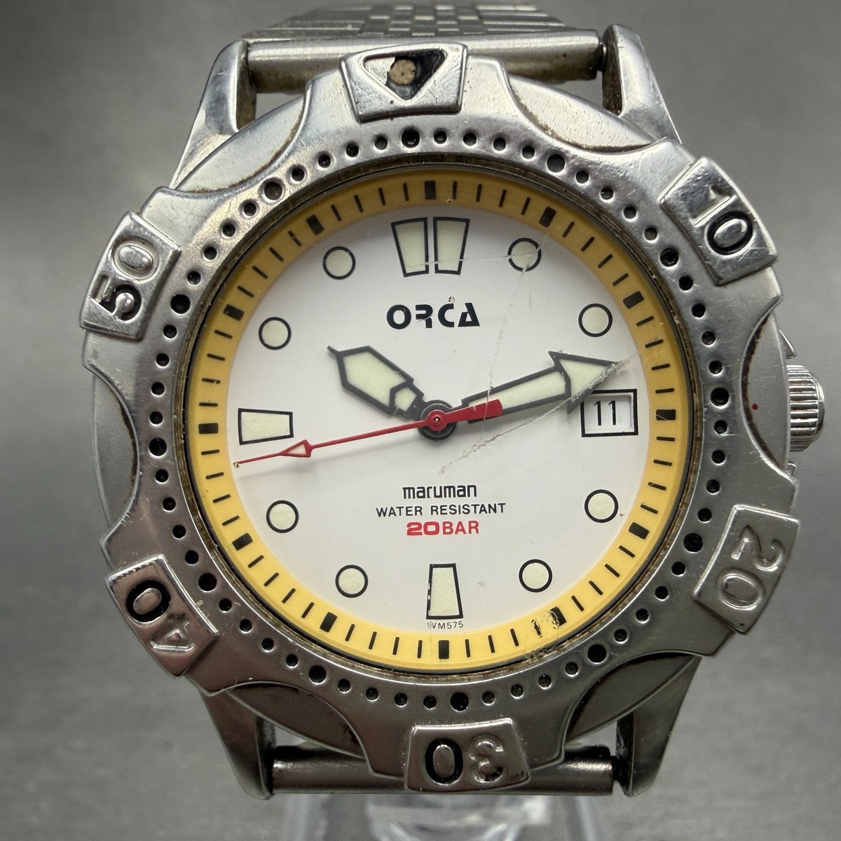 Maruman Orca Dive Watch Men 38mm White Dial Silver Tone Date Round