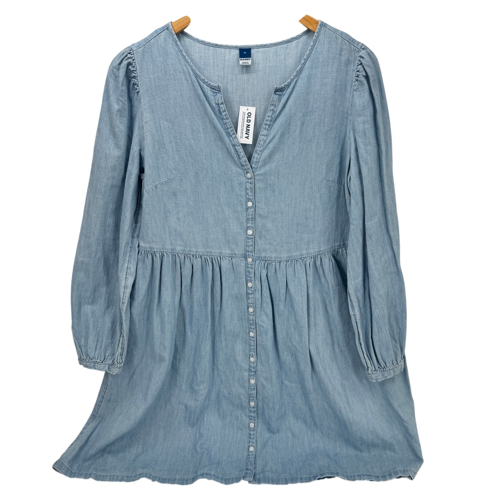 Old Navy Dress Womens Medium Blue Chambray Long Sleeve V-Neck Button Up NEW