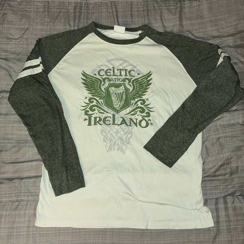 Traditional Craftwear Ireland Raglan Tee Womans Green White Celtic Harp - Sz XL