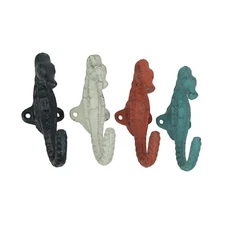 Set of 4 Colorful Coral Coastal Cast Iron Seahorse Decorative Wall Hooks