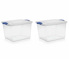 2pk Stackable Plastic Tote Box Storage Containers Bin 27 Qt, Blue Latches