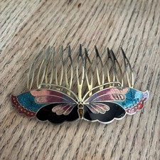 Vintage Cloisonn  Hair Comb Enamel Butterfly Design Gold Tone