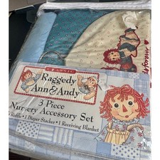 Vintage Raggedy Ann Andy 3 Pc Nursery Set Diaper Stacker Blanket NOS
