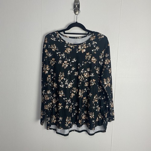 J. Jill Fit Performance Long-Sleeve Tee Black Floral Print Top Petite Size XL.