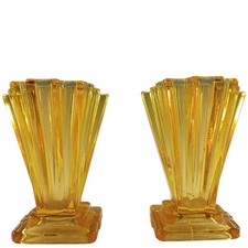 Bagley #334 Pair of Art Deco 4" Amber Glass 'Grantham' Vases