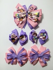 Hair Bows 5 Pcs Set Big Bow 5.5  Pigtails 3.5 Pink Purple Girls Handmade Lot 18