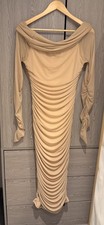 SHEIN Womens Beige Nude Ruched Midi Dress Size L 8 10 Off Shoulder Long Sleeve