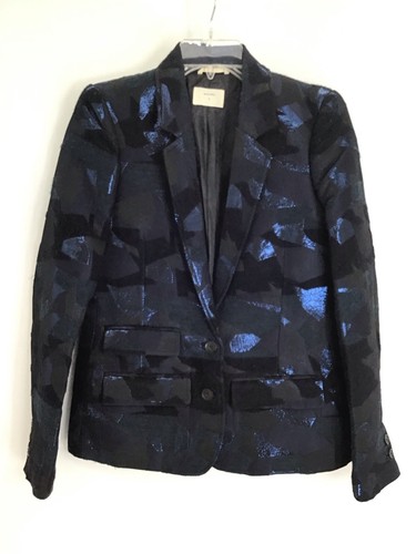 Billy Reid Metallic Jacquard Blazer Tailored Camo-Inspired Pattern Blue Size 4