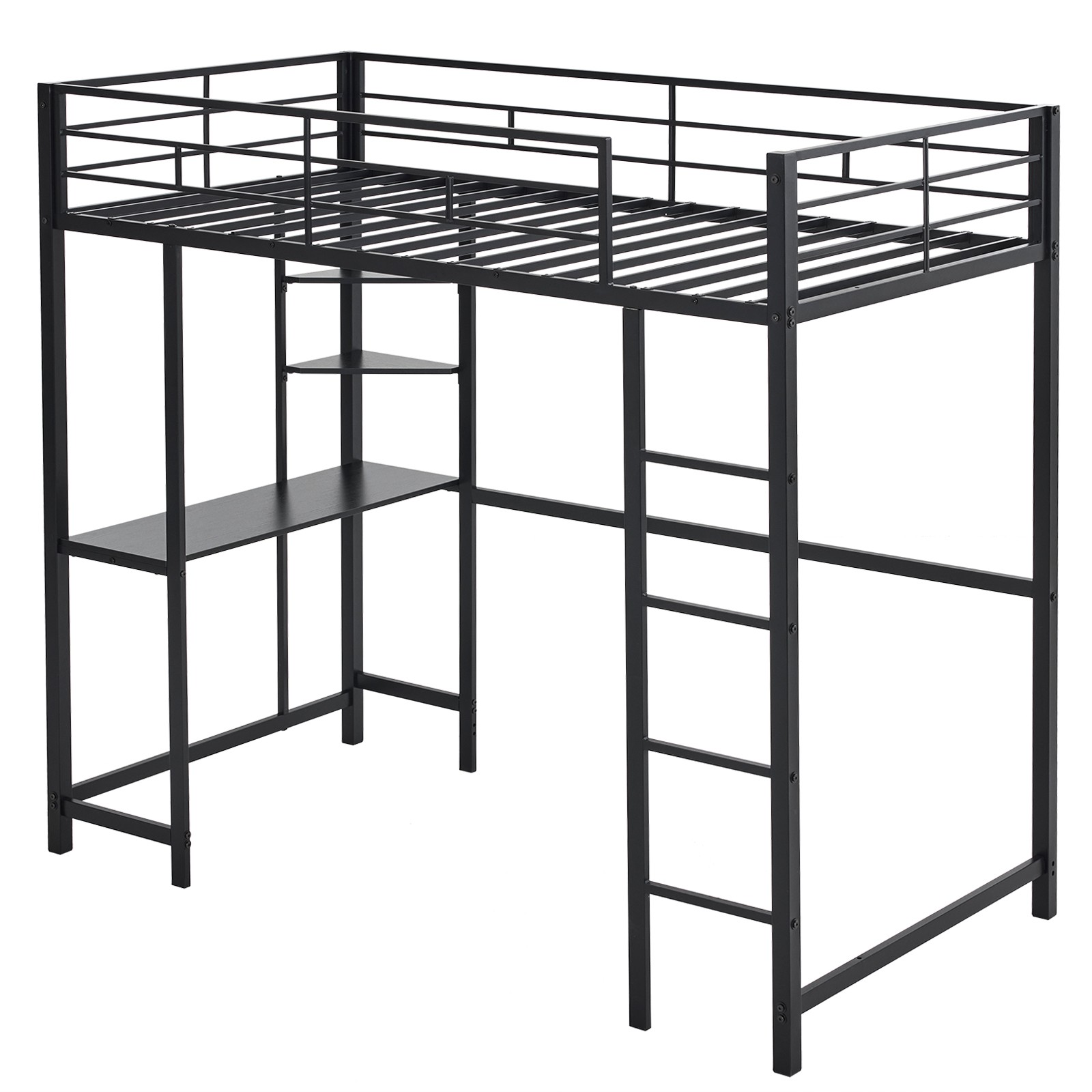 Twin Size Metal Loft Bed with Desk and Storage Shelves 2 Built-in Ladders