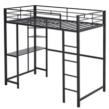 Twin Size Metal Loft Bed with Desk and Storage Shelves 2 Built-in Ladders