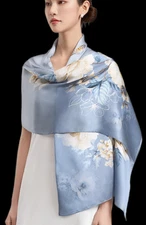 100% Silk mulberry Scarf Women neckerchief Shawl Wrap floral blue beige HD1-34