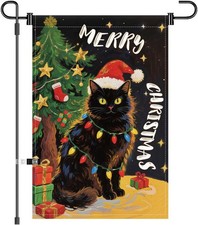 Merry Christmas Garden Flag 12x18 Inch Double Sided Black Cat Xmas Winter b