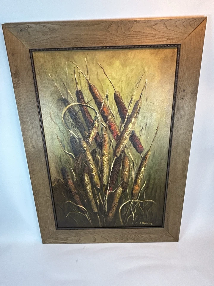 Pintura a óleo original Helene Minelli Cattails cena natural rústica emoldurada 42x30 - Imagem 3 de 4