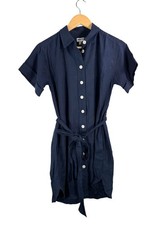 J.Crew petite linen blend mini button shirt dress navy beach preppy sz PXS
