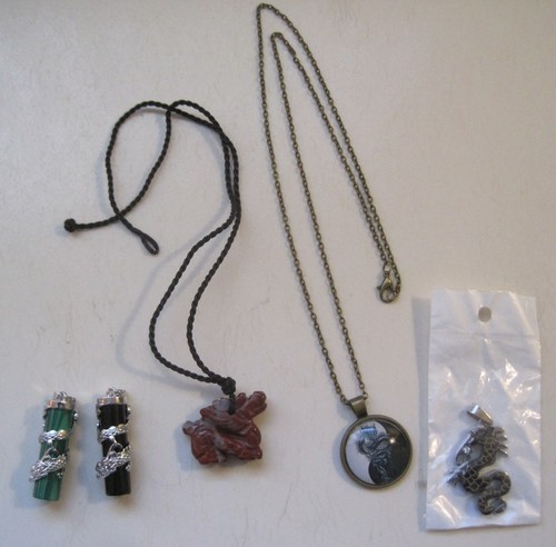 Lot of 5 Dragon Jewelry 2 Necklaces Wrapped Dragon Pendants Carved Stone