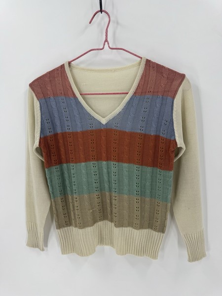 Vintage Colour Stripe Cable Knit Sweater V Neck Hollow Out Cropped Jumper