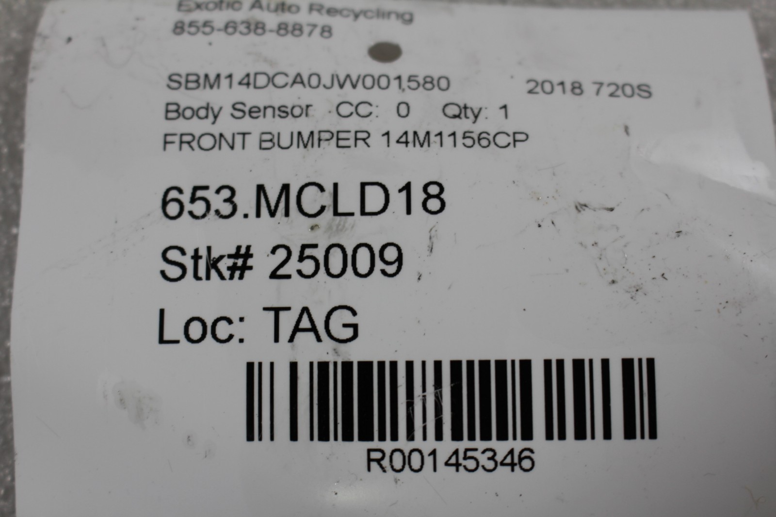 McLaren 720S, Front Bumper Parking Sensor, Used, P/N 14M1156CP