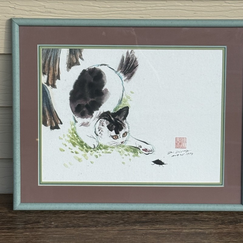 Original Watercolor Chinese Painting Cat Signed Matted Framed 1984