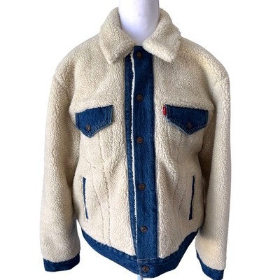 Levi's Premium Sherpa Trucker Jacket Denim Jean Trim Cream Faux Fur Size M