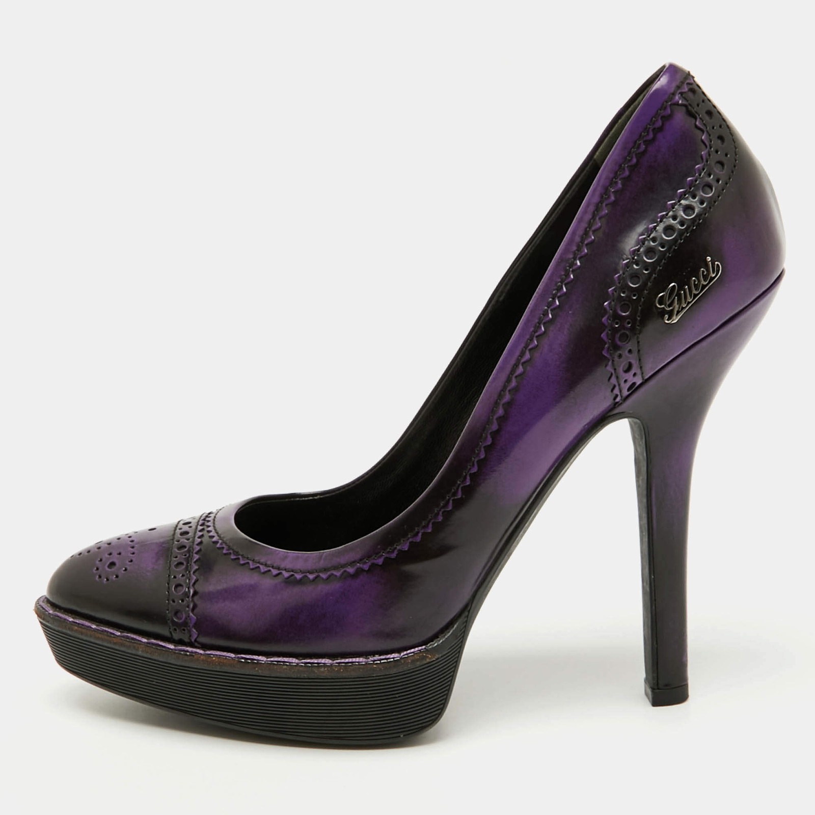 Gucci PurpleBlack Leather Brogue Cap Toe Platform Pumps Size 39