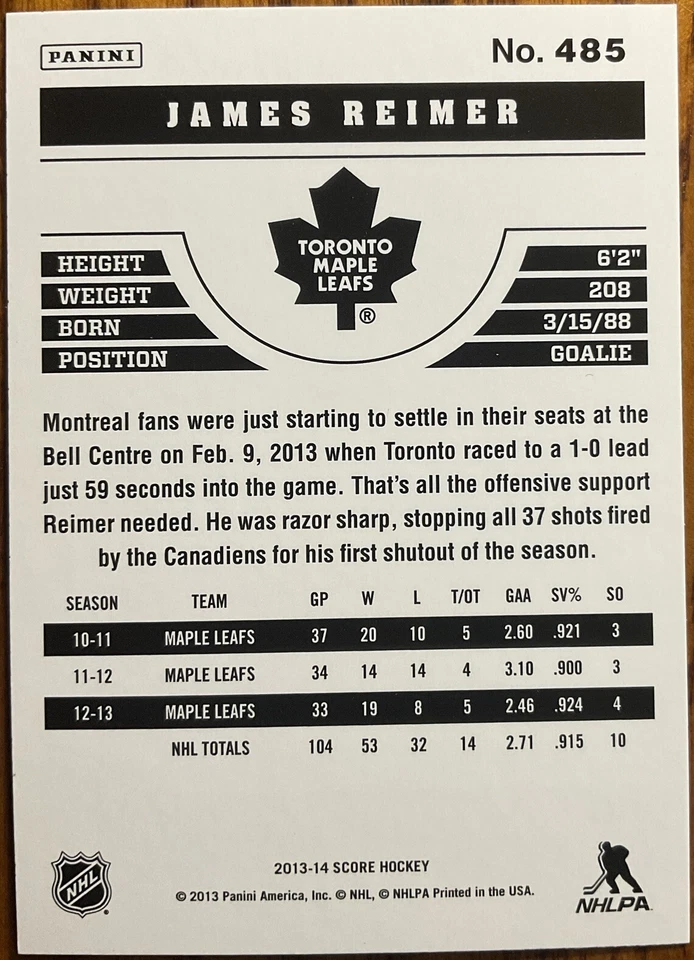 2013-14 Score Gold James Reimer #485 Toronto Maple Leafs - Image 2 of 2