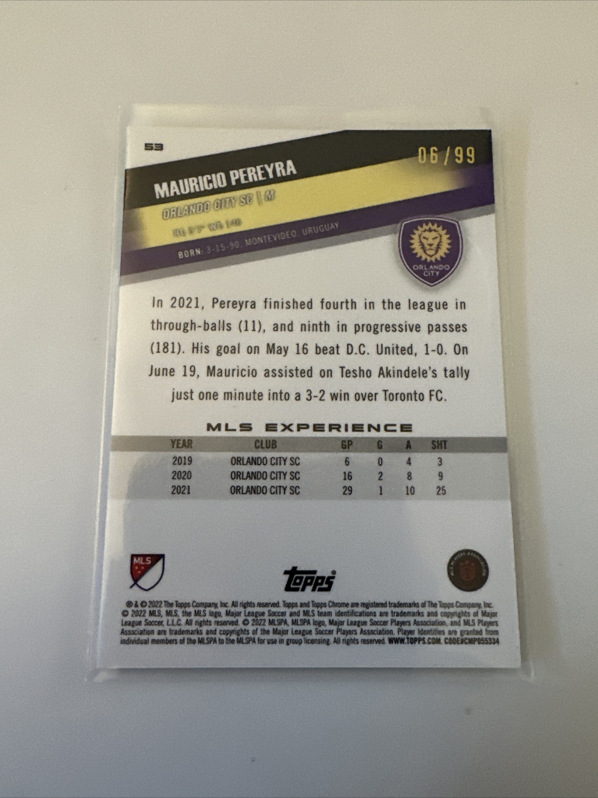 2022 Topps Chrome MLS MAURICIO PEREYRA Green Lava Refractor /99 Orlando #53
