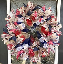 25" Patriotic 4th of July Country Stars  Stripes Deco Mesh Front Door Wreath