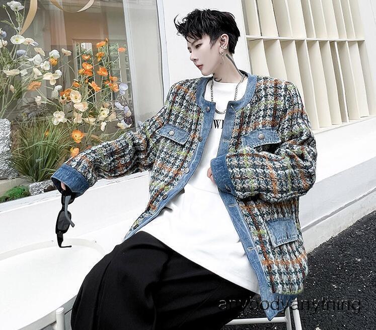 Mens Fashion Round Collar Long Sleeve Plaid Loose Denim Jacket Youth Party  Coats | eBay