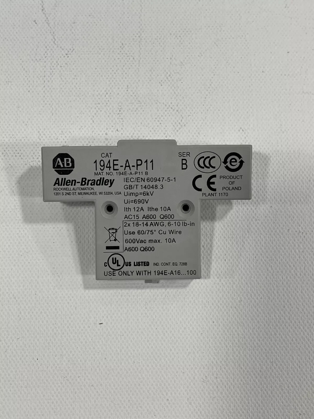 NEW! Allen Bradley 194E-A-P11 Auxiliary Contact Block 1 NO/ 1 NC - Side Mount