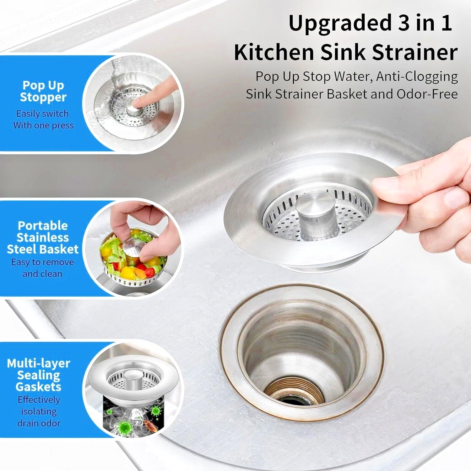 3 in 1 Kitchen Sink Drain Strainer and Stopper Combo, 304 Stainless Steel Sink S