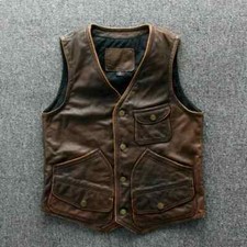 Men's Biker Vintage Tan Brown Vintage Real Leather Motorcycle Vest Jacket