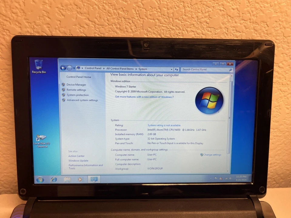 Gateway LT2104u Win 7 上网本笔记本电脑 10.1 英寸 250GB 硬盘 2GB Ram 英特尔 Atom N450 — 第 3/4 张图片