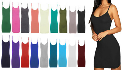 Damen schlichtes Riemen Bodycon Cami Weste Tankoberteil ärmelloses Unterhemd Minikleid
