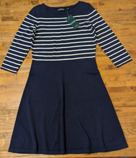LAUREN RALPH LAUREN STRIPED KNIT 3/4 SLEEVE DRESS Women's Small S Navy Blue $139