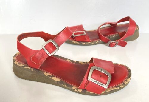 Damskie FLY LONDON Czerwone skórzane sandały/buty na niskim koturnie Rozmiar UK 6 Fantastyczne - Zdjęcie 1 z 3